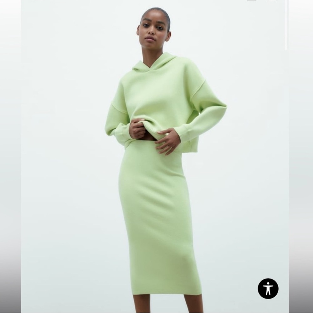 Coordinate set. Zara cropped knit hoodie and matching skirt. Lime green.